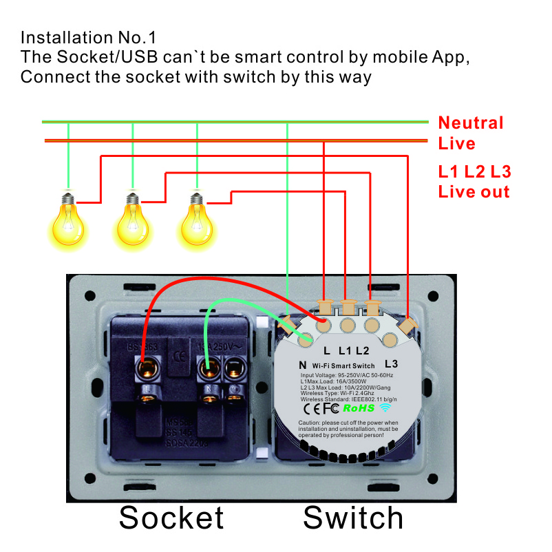 Summao 147 type Modularized Multi-function 1Gang Smart Touch Switch With EU 16A Wifi Power Socket