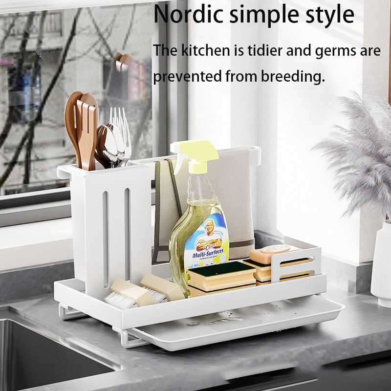 New design Sink Caddy sponge holder kitchen drain rack with removable drain tray dishcloth rag towel rack for Kitchen gadgets