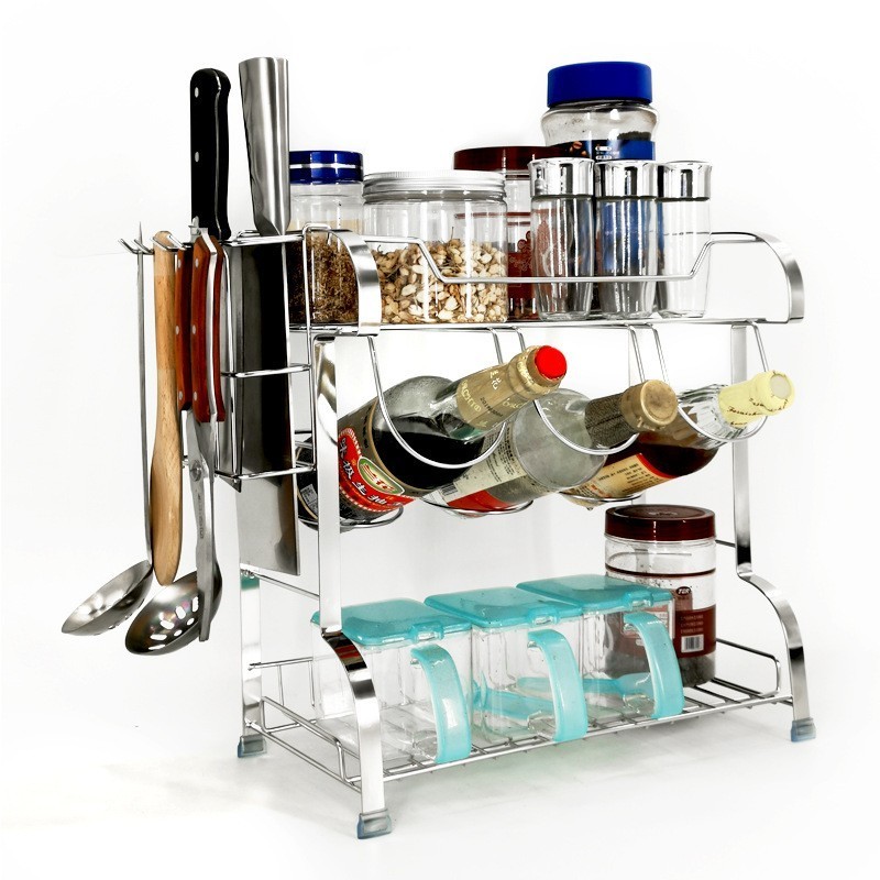 Low price Kitchen multifunctional spice rack 304 stainless steel countertop oil salt sauce  rack two-layer spice rack storage