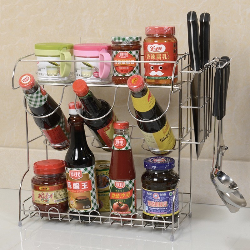 Low price Kitchen multifunctional spice rack 304 stainless steel countertop oil salt sauce  rack two-layer spice rack storage