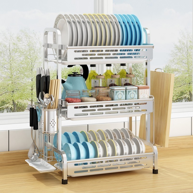 Durable 304 stainless steel dish drain rack, kitchen storage rack, multi-layer drying plate supplies storage rack for home use