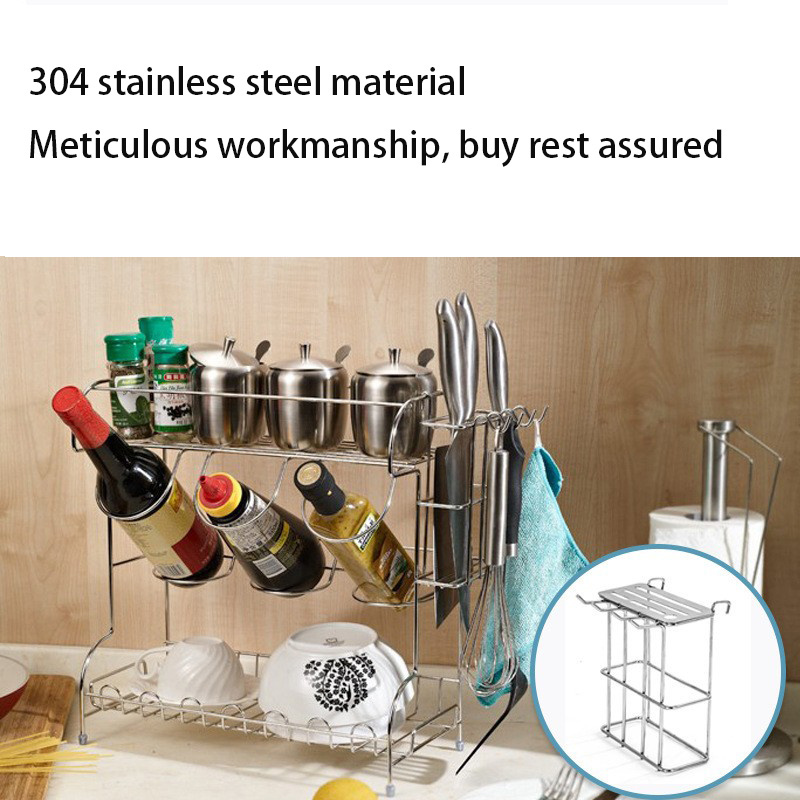 Low price Kitchen multifunctional spice rack 304 stainless steel countertop oil salt sauce  rack two-layer spice rack storage