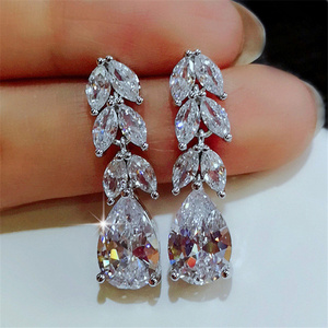 2024 New Design Luxury Wedding Party Jewelry Leaf Zircon Bridal Earrings For Women Trendy Crystal Bling Drop Earrings