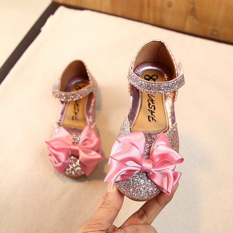 New Girls Baby Dance Party Shoe Glitter Children Shoes Gold Bling Princess Shoes 3-12 Years Kids Bright Leather Bow Flat Sandals