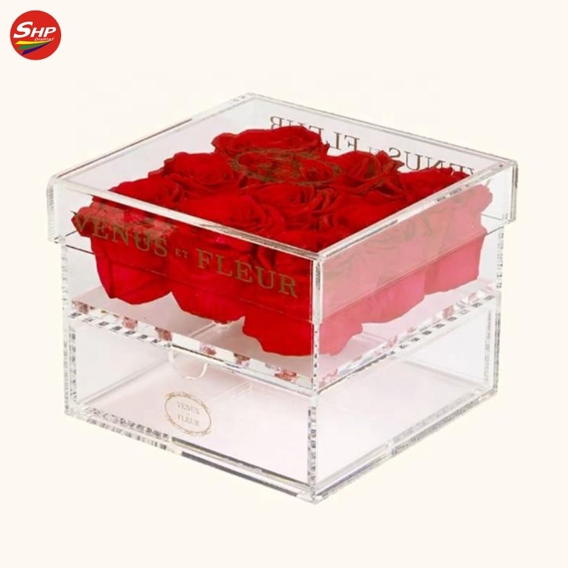 SHP Factory Wholesale Clear Acrylic Roses Flower Box with Drawer for Wedding Gifts