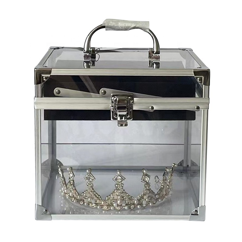 Travel Acrylic Tiaras Case With Sash Tray 9 Inch Tiara Pageant Crown Boxes With Handle Clear Lockable Crown Tiara Carrying Case