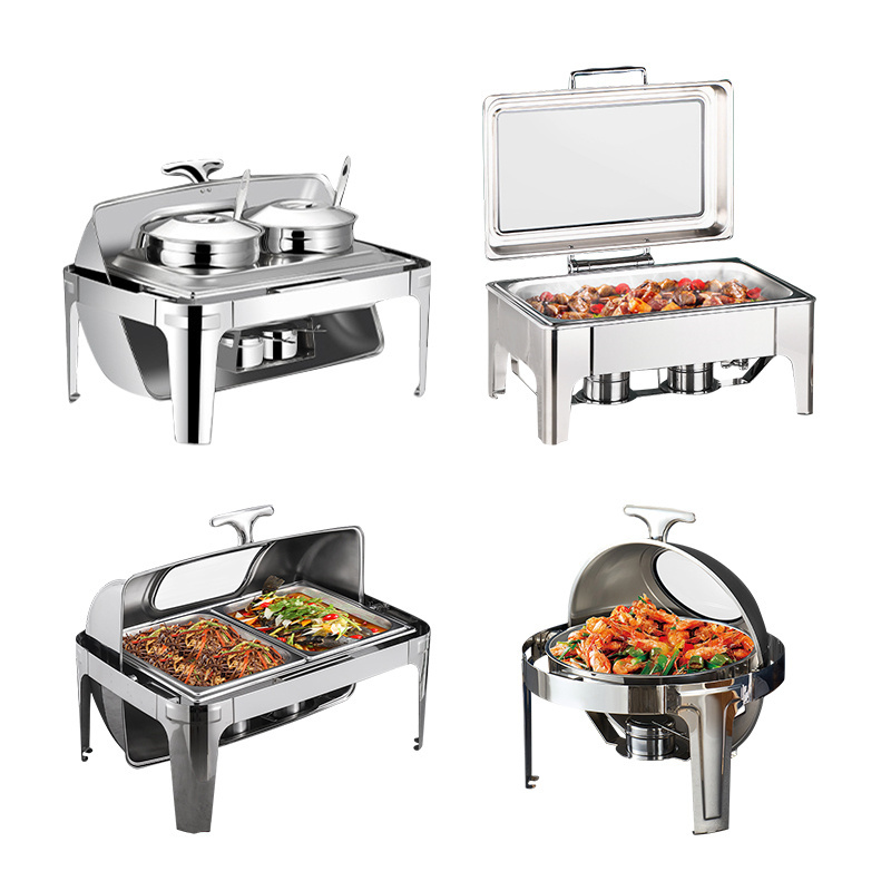 Roll Top Rectangle Silver Catering Kitchenware Set Candle Electric Hot Pot Chafer Dishes Food Buffet Warmer