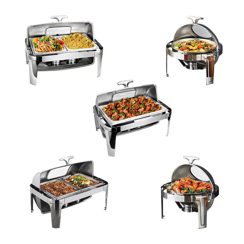 Roll Top Rectangle Silver Catering Kitchenware Set Candle Electric Hot Pot Chafer Dishes Food Buffet Warmer