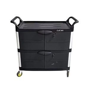 Multipurpose Hotel Supplies 3 Layer Plastic Cabinet Heavy Duty Cleaning Trolley Cart with Door Black Utility Cart