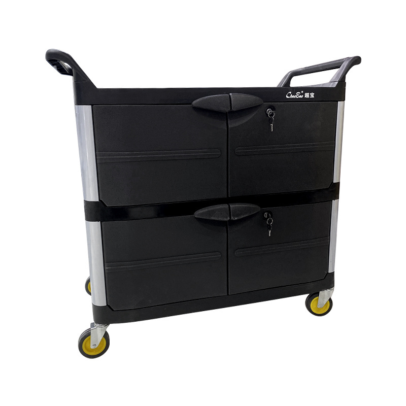 Multipurpose Hotel Supplies 3 Layer Plastic Cabinet Heavy Duty Cleaning Trolley Cart with Door Black Utility Cart