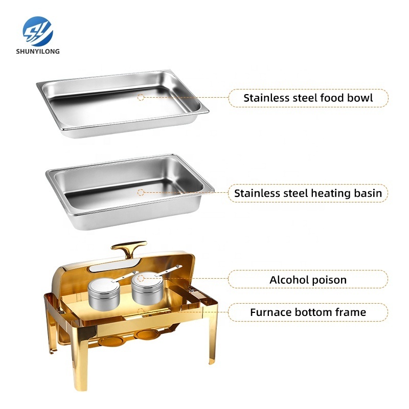 Stainless Steel Gold Round Chafing Dish Buffet Set For Catering Roll Top Chaffing Shaffing Dish Buffet