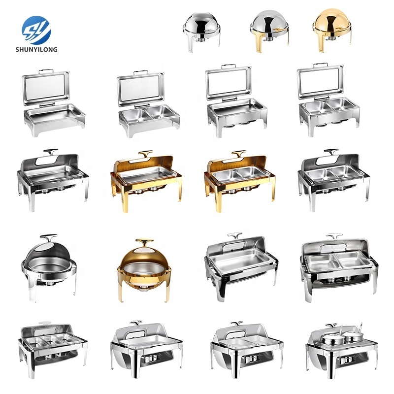 Stainless Steel Gold Round Chafing Dish Buffet Set For Catering Roll Top Chaffing Shaffing Dish Buffet