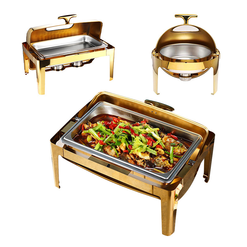 Gold Round  Luxury Hot Pot Chafer Dishes Buffet Set Chafing Dishes Buffet Stove Food Pour Buffet Display Warmer