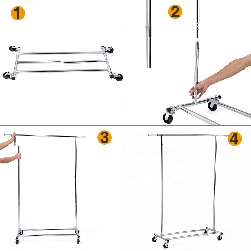 Laundry Single Rail Extendable Metal Rolling Garment Clothes Store Salesman Clothing Rack