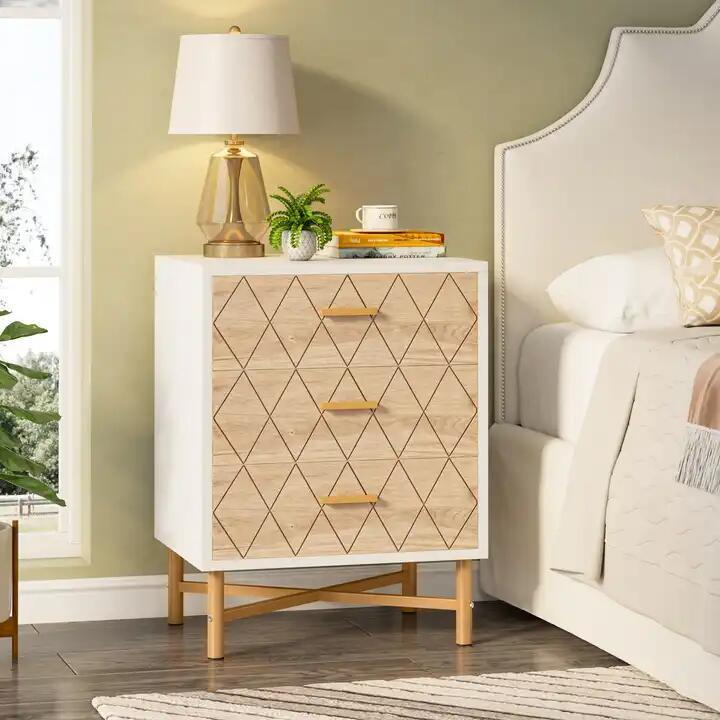 Tribesigns Light Luxury Design Wooden Nightstand Bedside Table With 3 Storage Drawers For Bedroom Sofa Side Table Display Stand