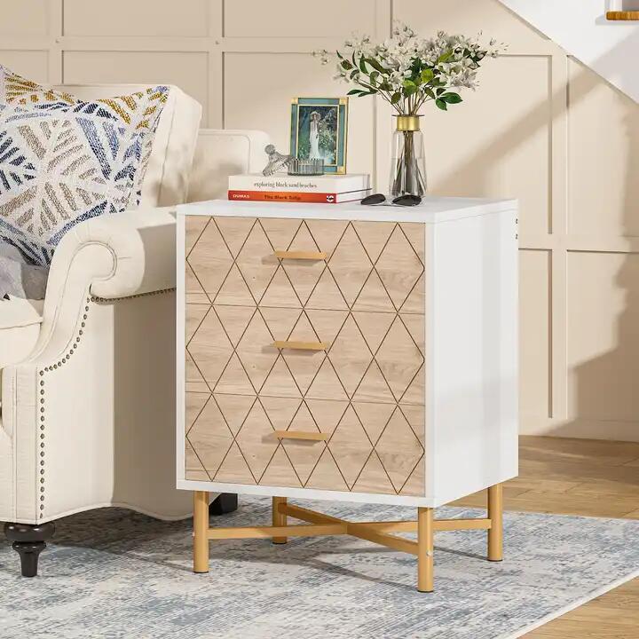 Tribesigns Light Luxury Design Wooden Nightstand Bedside Table With 3 Storage Drawers For Bedroom Sofa Side Table Display Stand