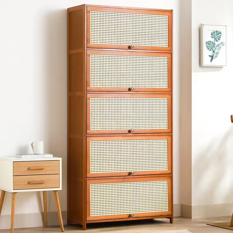 Household Furniture Wooden Rack Cabinet Rattan Shoes Storage Organizer 6 Tier Design Shoe Racks