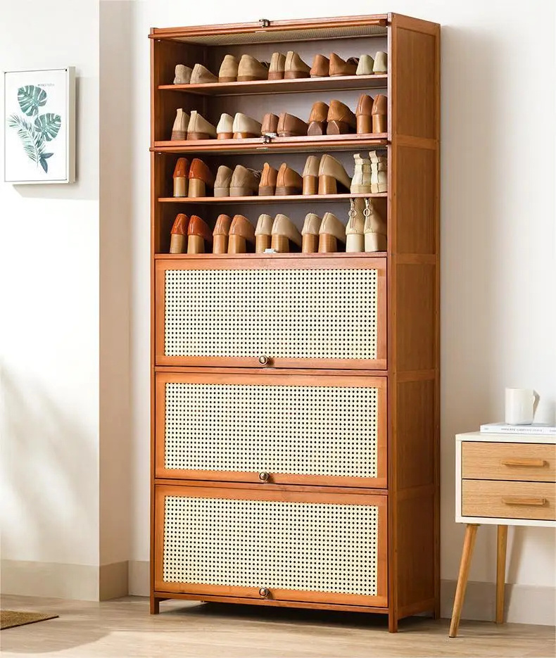 Household Furniture Wooden Rack Cabinet Rattan Shoes Storage Organizer 6 Tier Design Shoe Racks