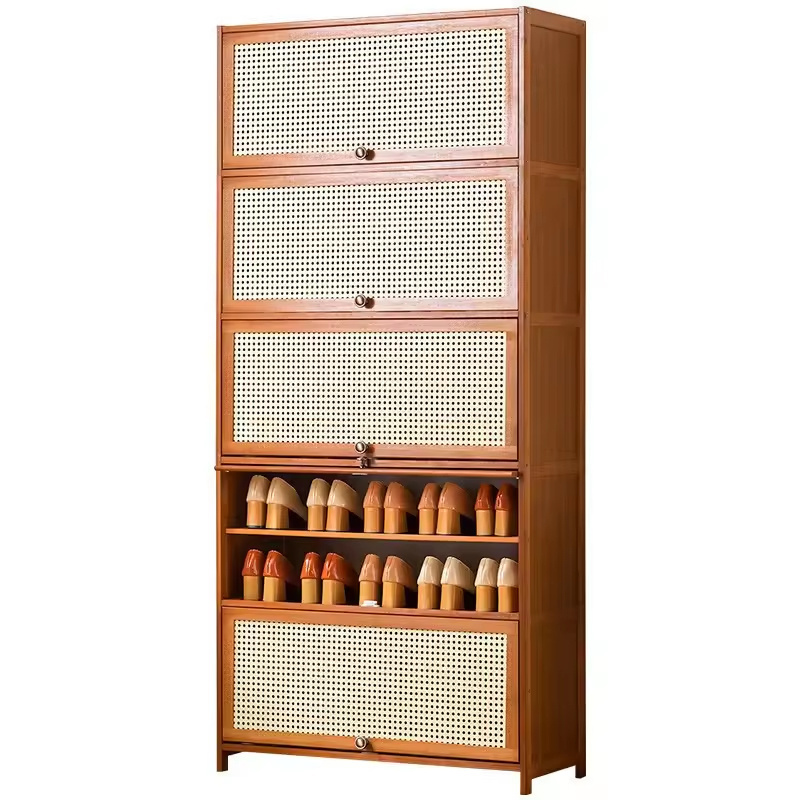 Household Furniture Wooden Rack Cabinet Rattan Shoes Storage Organizer 6 Tier Design Shoe Racks