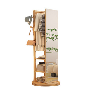 Solid Wood Dressing Mirror Floor-standing Full-length Mirror Coat Rack Clothes Hanger Rotating Storage Rack