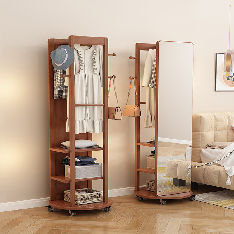 Solid Wood Dressing Mirror Floor-standing Full-length Mirror Coat Rack Clothes Hanger Rotating Storage Rack