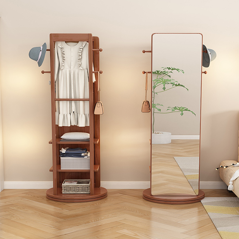 Solid Wood Dressing Mirror Floor-standing Full-length Mirror Coat Rack Clothes Hanger Rotating Storage Rack