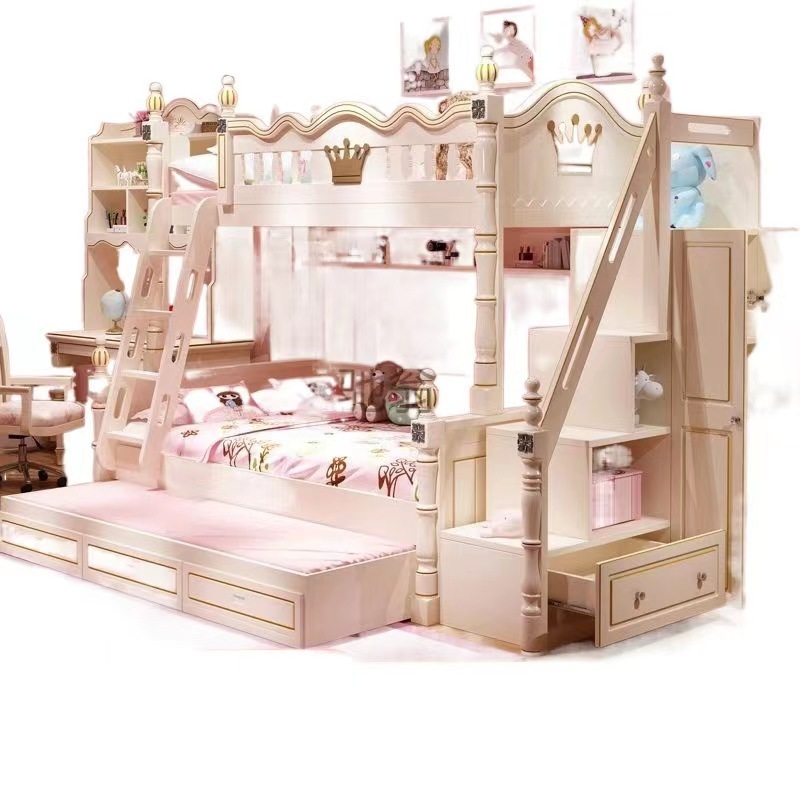 Luxury Castle Princess Children Colourful Bunk Beds Kids' Beds Girl Bunk Bed Furniture Sets For Girls Hello Kitty With Slide