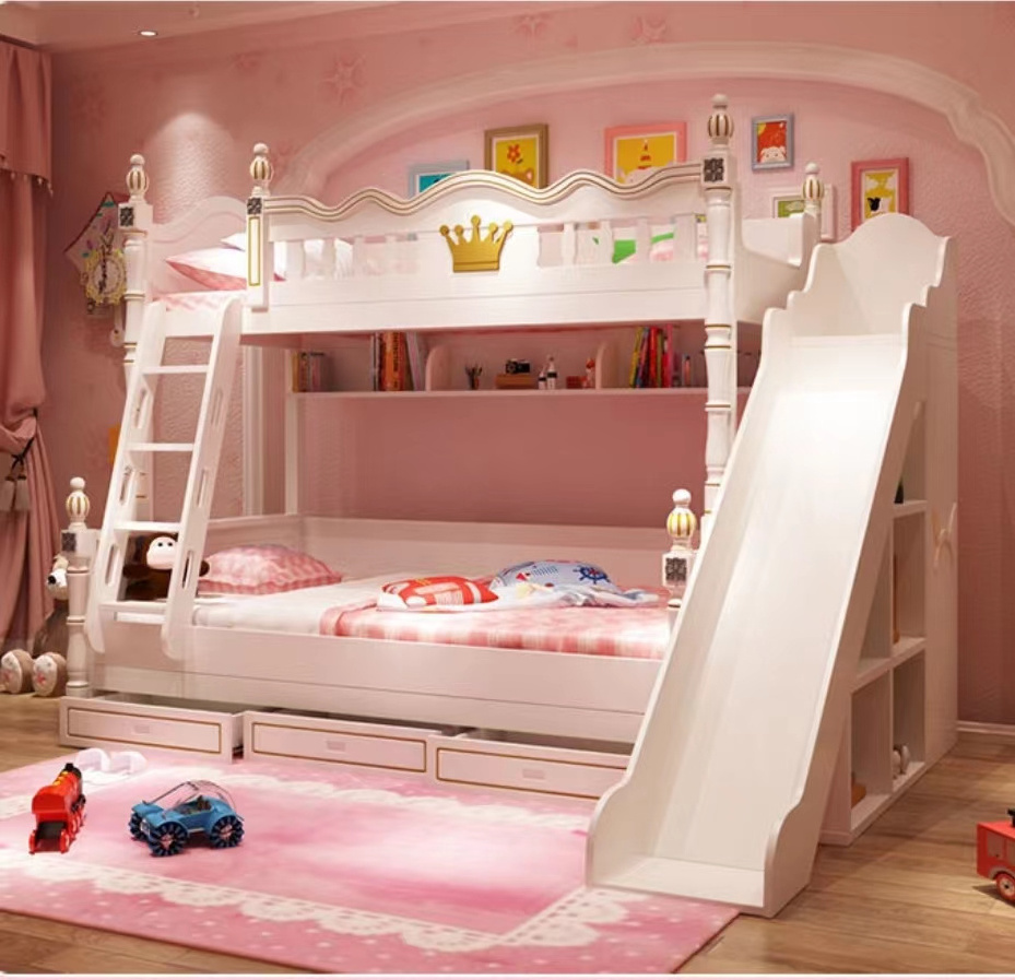 Luxury Castle Princess Children Colourful Bunk Beds Kids' Beds Girl Bunk Bed Furniture Sets For Girls Hello Kitty With Slide