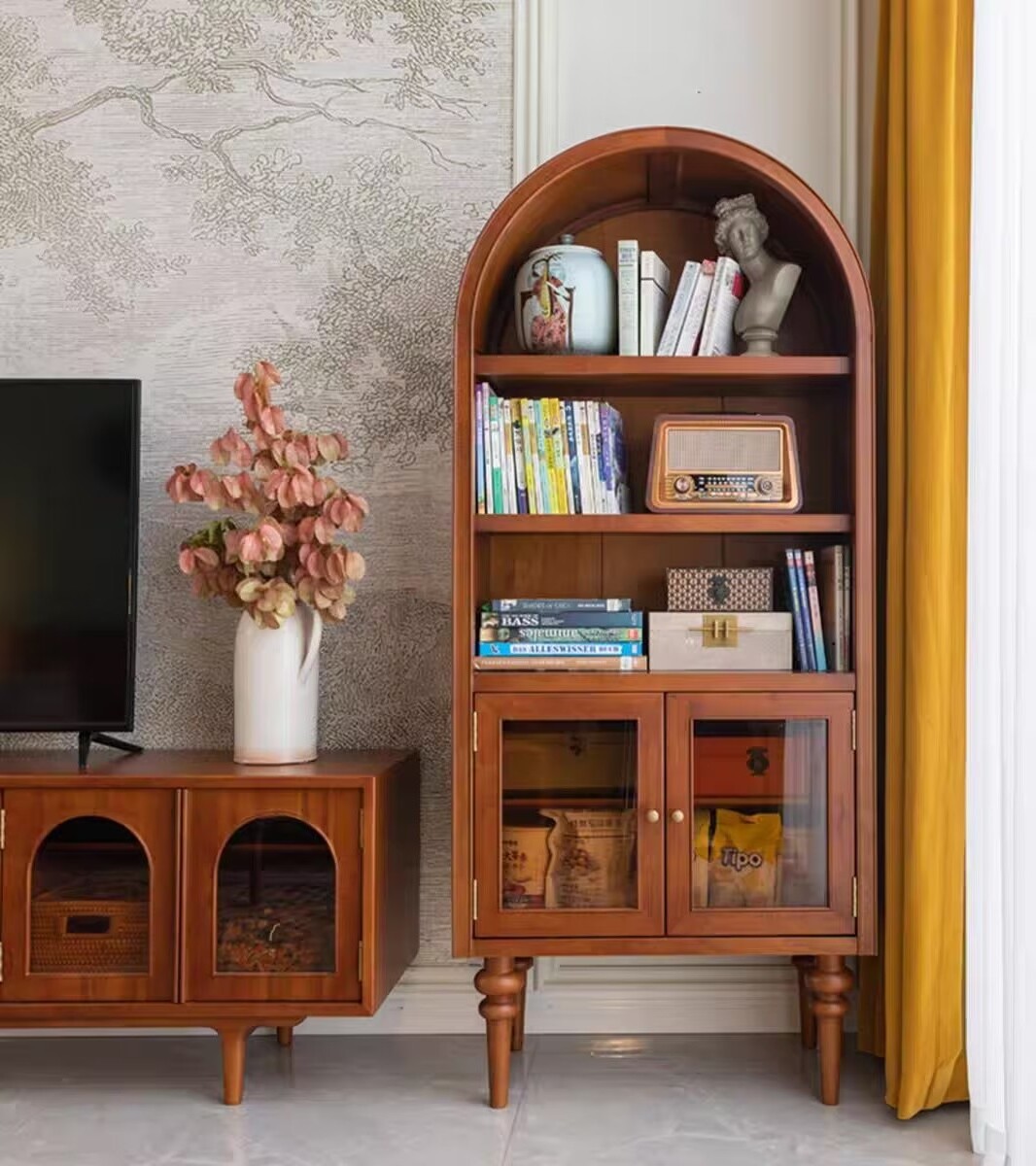 French retro solid wood bookcase arched sideboard wine cabinet integrated wall sofa curved top high side cabinet