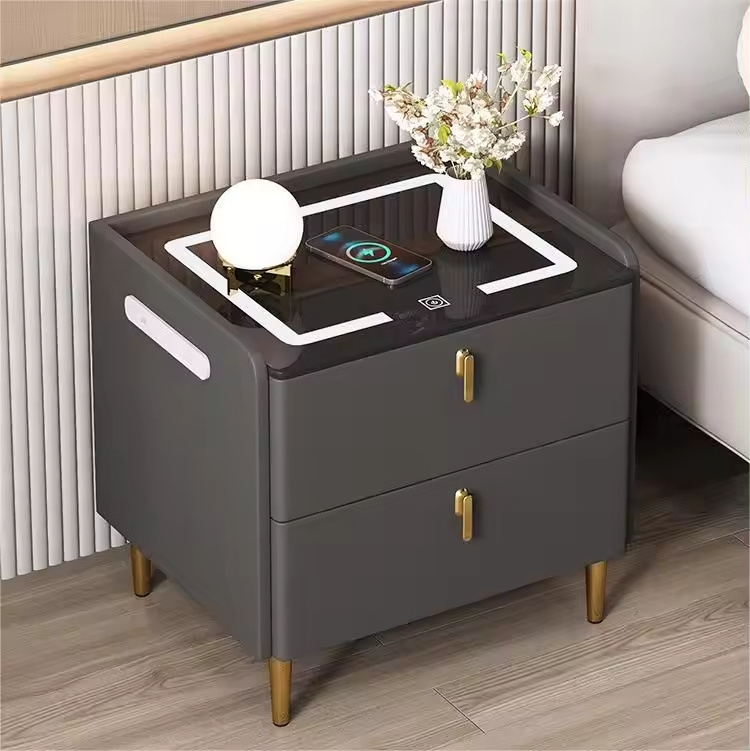 2024 Hot new smart bedside table Home end table fingerprint lock wireless charging light Multi-functional nightstand 2 drawers