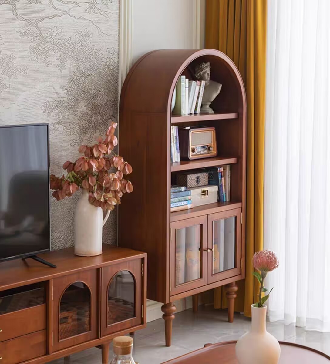 French retro solid wood bookcase arched sideboard wine cabinet integrated wall sofa curved top high side cabinet