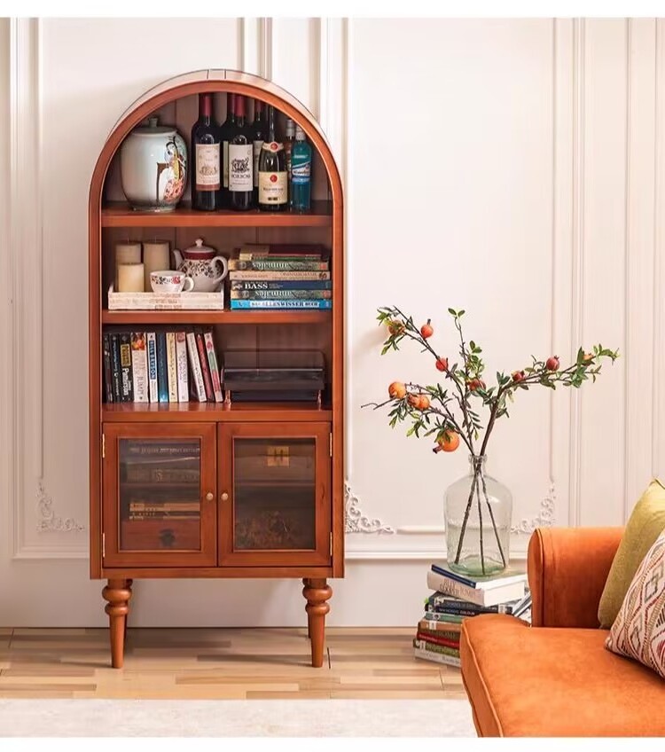 French retro solid wood bookcase arched sideboard wine cabinet integrated wall sofa curved top high side cabinet