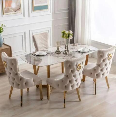 European Luxury Button Tufted Velvet Fabric Lion Knocker Modern Design Stainless Steel Legs Dinning Table Set for 6 Dining Chair