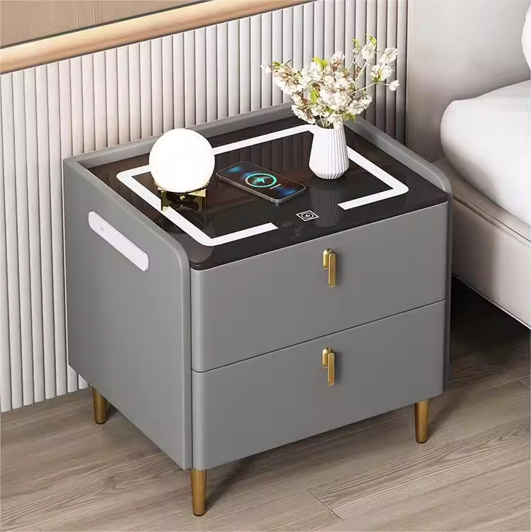 2024 Hot new smart bedside table Home end table fingerprint lock wireless charging light Multi-functional nightstand 2 drawers