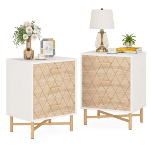 Tribesigns Light Luxury Design Wooden Nightstand Bedside Table With 3 Storage Drawers For Bedroom Sofa Side Table Display Stand