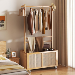 Floor-to-ceiling bedroom door solid wood simple household can move light luxury rattan woven clothing and hat rack