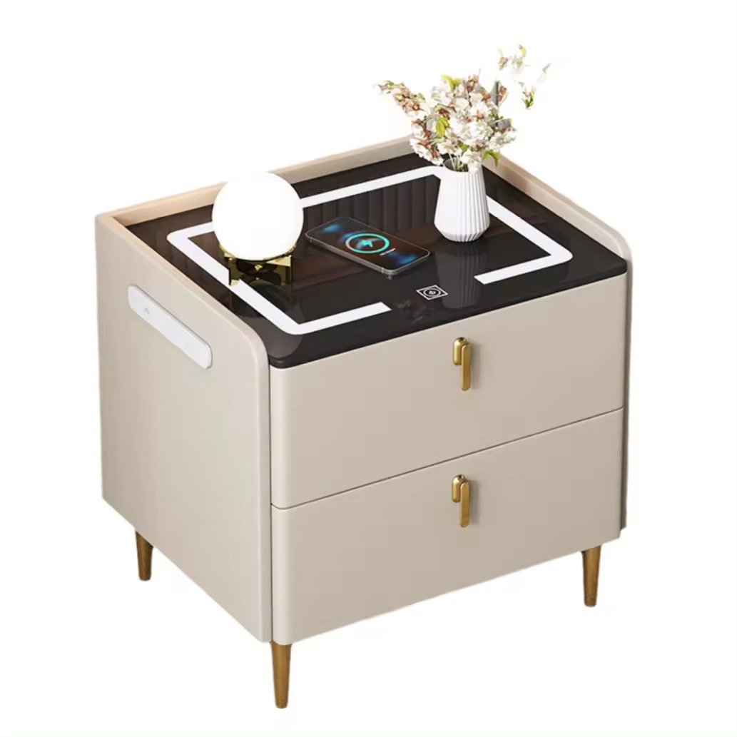 2024 Hot new smart bedside table Home end table fingerprint lock wireless charging light Multi-functional nightstand 2 drawers