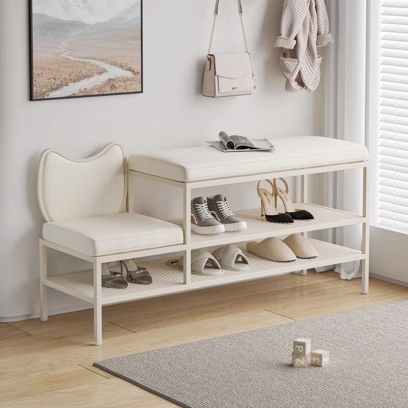 Wooden Shelf Entry Shoe Changing Stool Home Door White Shoe Bench Storage Integrated Long Shoe Cabinet Bench