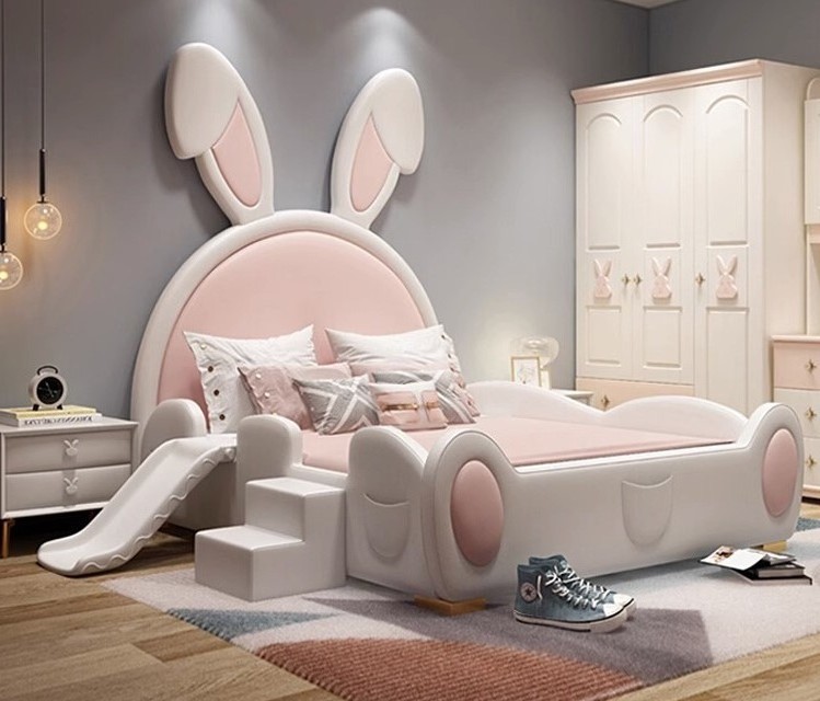 Kiddie Bed Girl Cartoon Bunny Bunny Ears Girl Solid Wood Princess Bed With Slide Children's Furniture