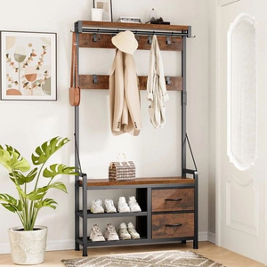 Wooden 4-in-1 Coat Rack Shelf Clothes Shoes Storage Bench Hanger Entryway Stand Coat Rack with Drawer