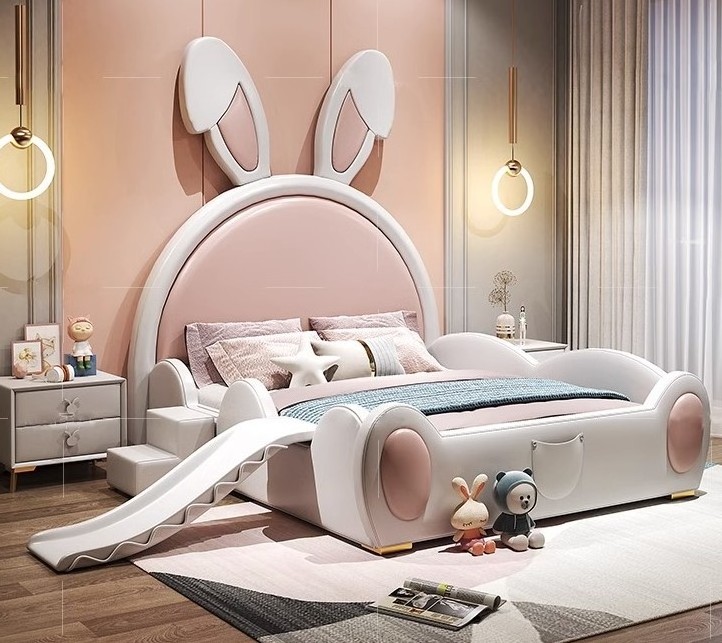 Kiddie Bed Girl Cartoon Bunny Bunny Ears Girl Solid Wood Princess Bed With Slide Children's Furniture