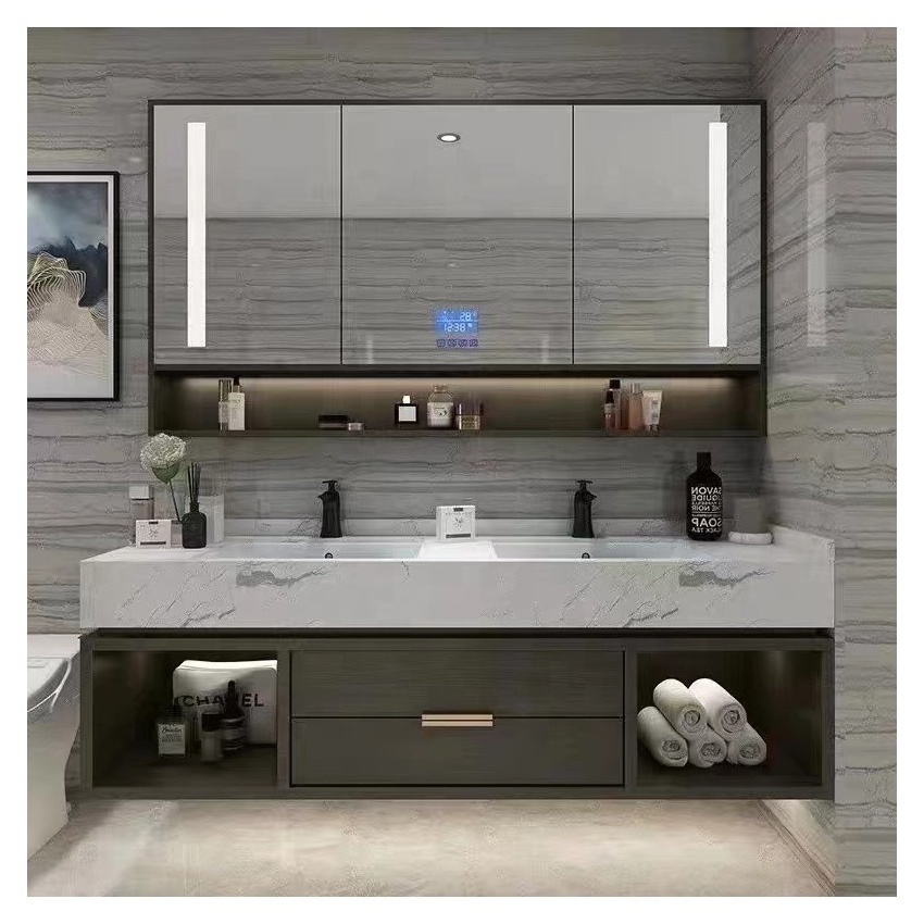 Pvc modern nordic corner vanity bathroom cabinets and vanities with light mirror led