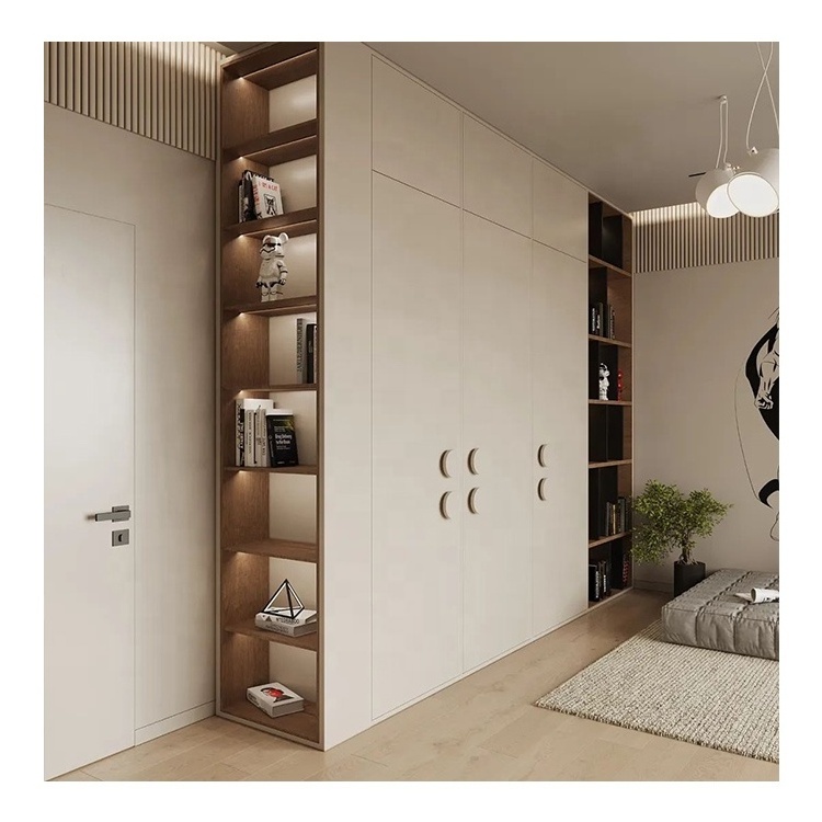 Matt Grey Modern Hinged Door Bedroom Closet With Golden Built in Handle