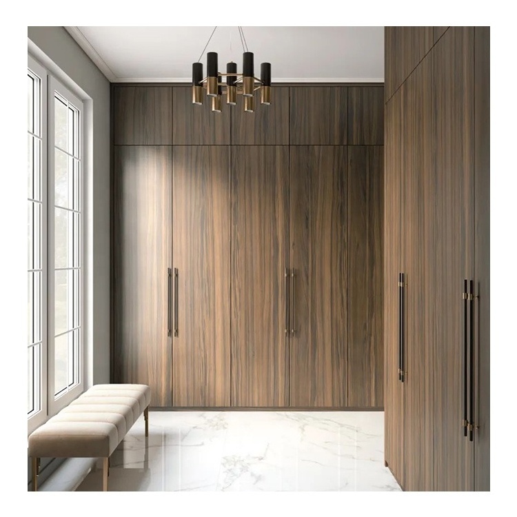 Matt Grey Modern Hinged Door Bedroom Closet With Golden Built in Handle