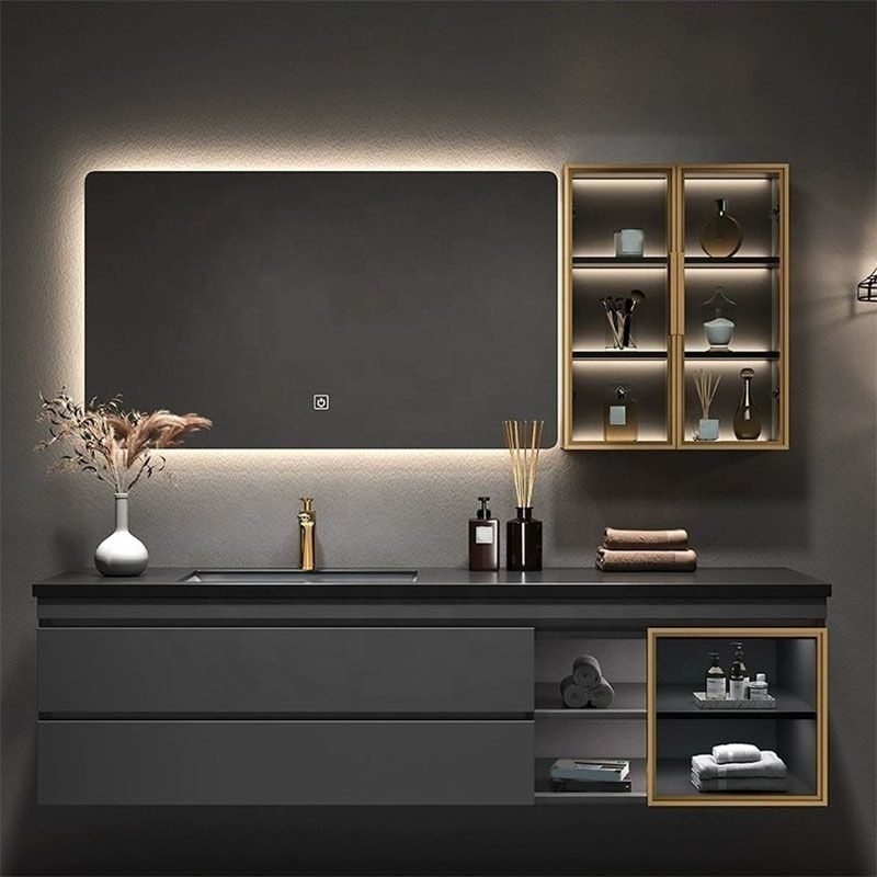 High quality nordic modern salt furnieture black wooden wall mounted bathroom cabinet vanity set with faucet sink mirror