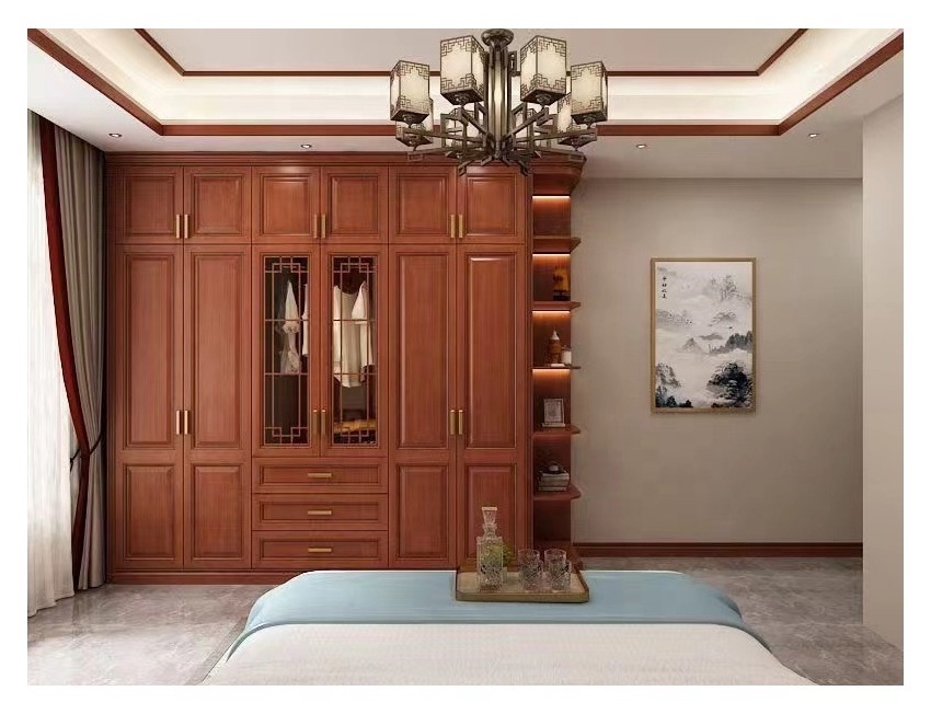 Luxury American style vintage antique wall mounted solid wood panel wooden material modern bedroom wardrobe with shelf