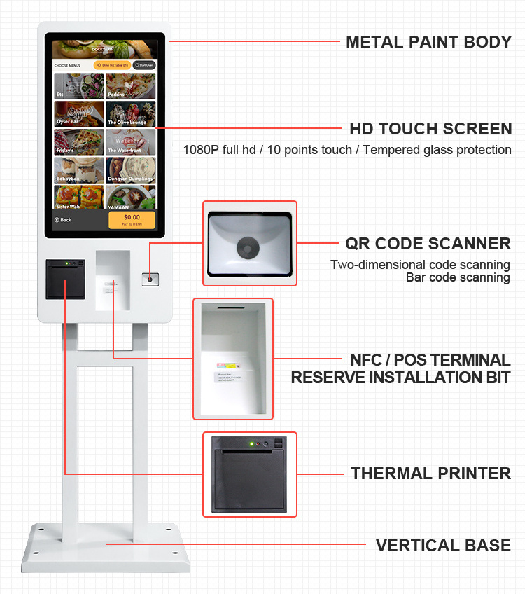 Wall mounted or free standing touchscreen self-service checkout kiosk , restaurant fast food self order kiosk