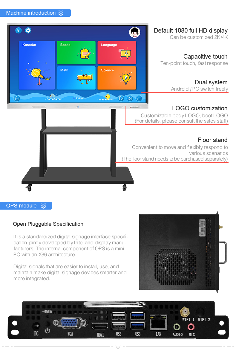 Remote collaboration 4K UHD touchscreen display education portable smart interactive board 75 inches