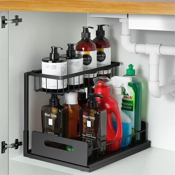 Guangdong Factory Customized Under Sink Organizer 2 Tier Under Sink Pull out Organizer Metal Wire Bathroom Organizer Under Sink