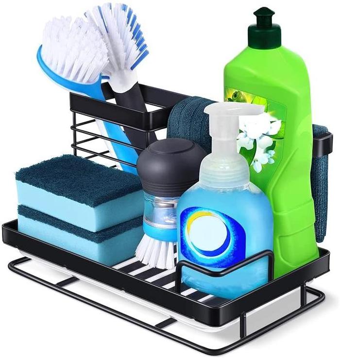 Kitchen Sink Caddy Organizer Countertop Stainless Steel Brush Soap Sponge Holder With Drain